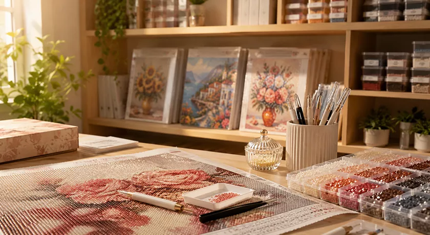 A warm craft studio with diamond painting canvases and sorted drills